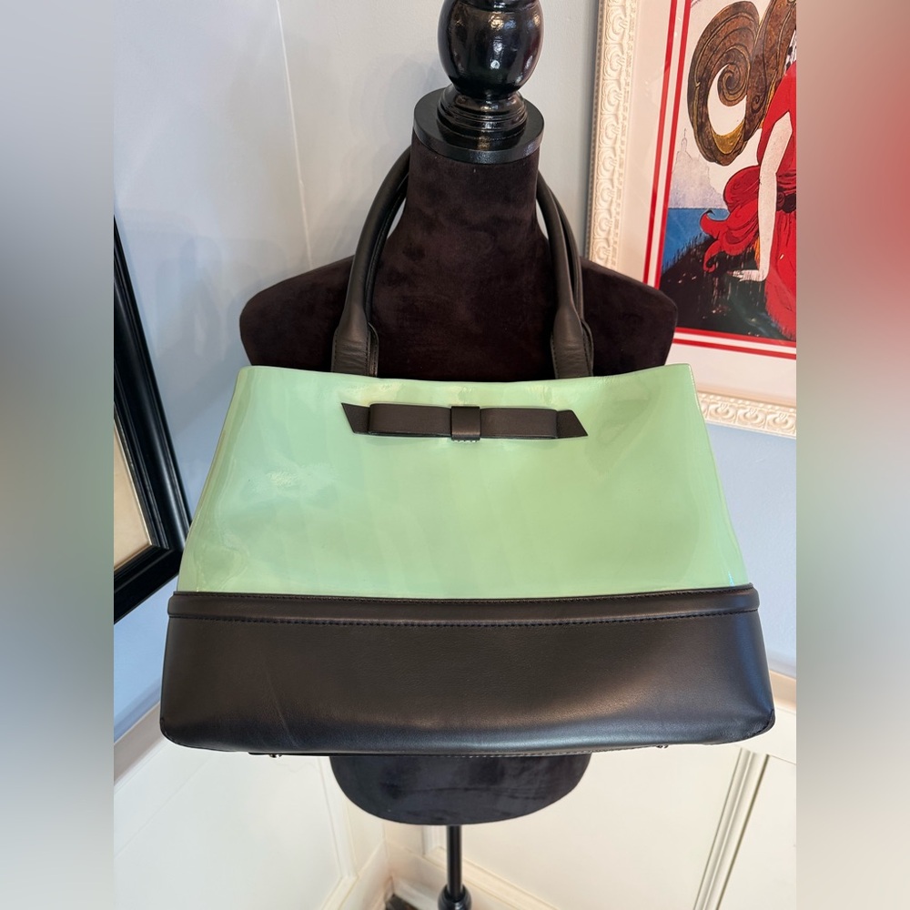 Kate Spade Elena Chelsea Park Coastline Retro Patent Leather Tote Bag Mint Black